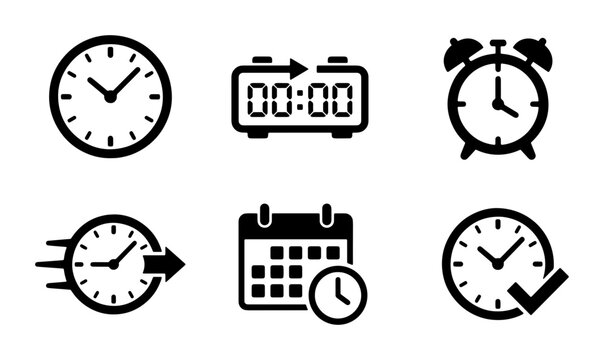 Minimalist time and clock icon set, 6 black vector symbols for schedule management, digital alarm and calendar graphics for business productivity