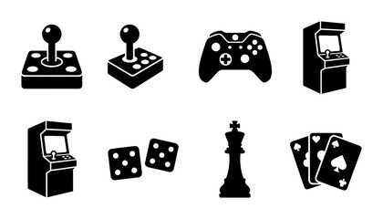 Retro gaming icons set, black minimalist video game symbols, arcade machine and joystick vector collection, gambling and board game silhouettes © Saif