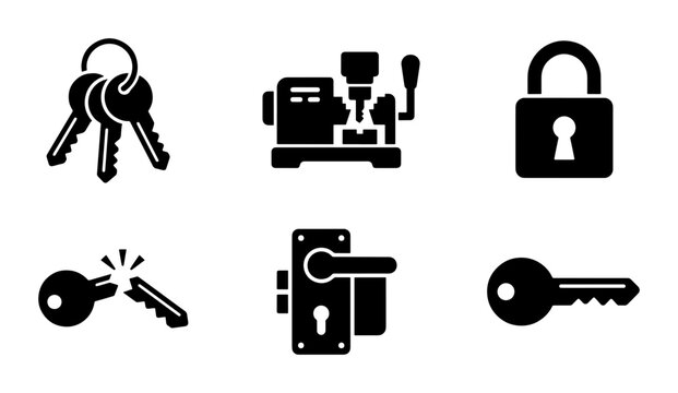 Locksmith services icon set, 6 black solid vector symbols of keys and locks, professional security hardware and key cutting machine illustrations