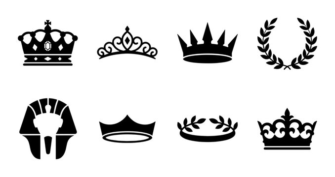 Royal crown icons set, black silhouette tiara and laurel wreath collection, 8 vector heraldic symbols, ancient pharaoh headdress and majestic headwear