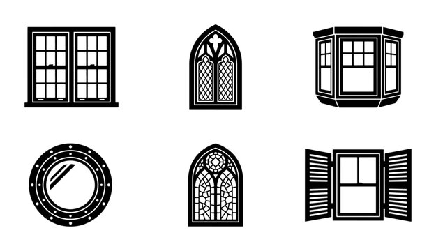 Vintage architectural window icons set, black silhouette house window frames, gothic and bay window vector collection for building design