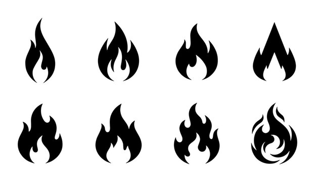 Black fire flame icon set, minimalist bonfire silhouette collection, 8 vector heat and spark symbols for logo design and warning labels