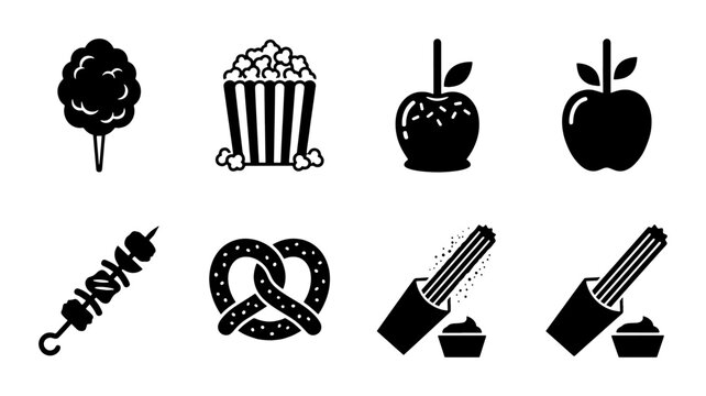 Carnival food icon set, black silhouette fair snacks collection, 8 vector elements featuring popcorn, cotton candy, pretzel, and candy apple