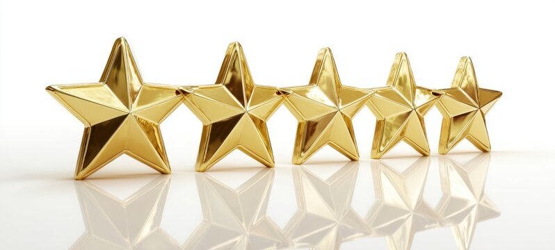 The gold stars arranged on a reflective surface representing a five star rating and quality