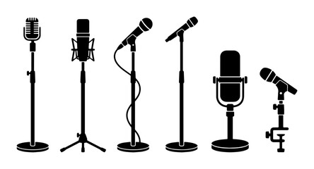 Professional microphone silhouette collection, 6 studio and stage mic icons on stands, vintage and modern recording equipment vector set © Jannatul
