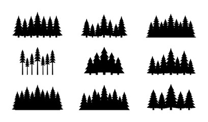 Pine tree forest silhouette collection, black evergreen coniferous woods vector set, minimalist spruce and fir timber icons for outdoor branding © Jannatul