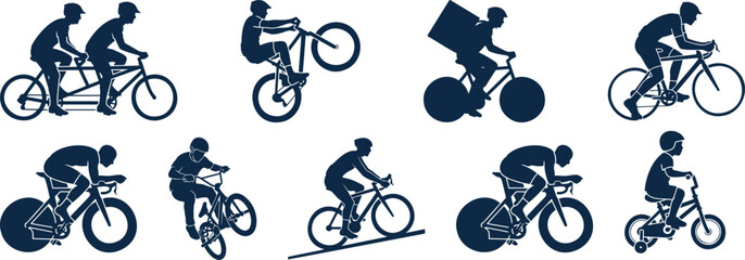 Naklejka premium Collection of cyclist silhouettes depicting various biking styles and activities for sports silhouette vector illustration