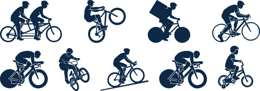 Collection of cyclist silhouettes depicting various biking styles and activities for sports silhouette vector illustration