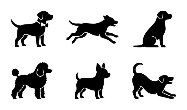Black dog silhouettes set, 6 vector icons of different dog breeds in various poses, minimalist pet animal graphics for veterinary and grooming logos
