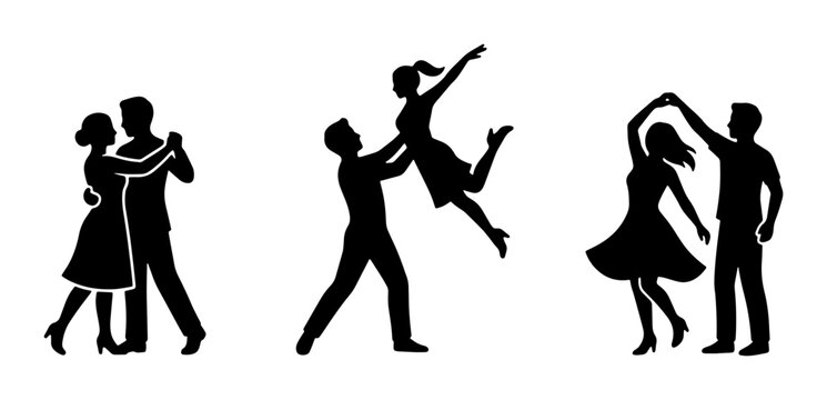 Ballroom dancing silhouettes set of 3 couples, elegant black vector figures performing salsa and swing, romantic dance partners in motion