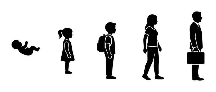 Human life cycle silhouettes showing aging process, evolution of man from baby to businessman, growth stages of people vector illustration