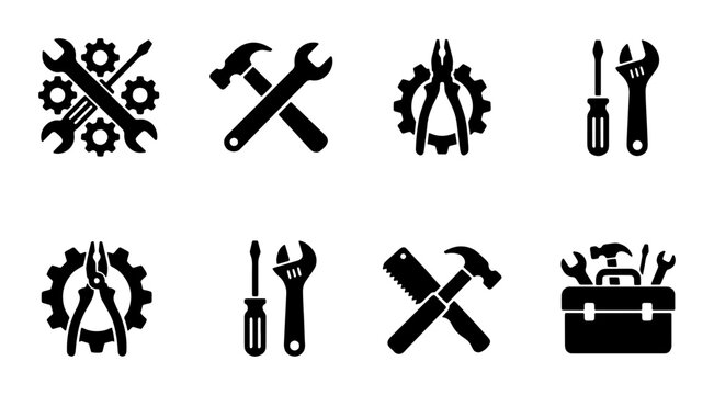 Industrial work tools icon set, black silhouettes of hammer and wrench, construction hardware equipment vector, repair service toolbox symbols