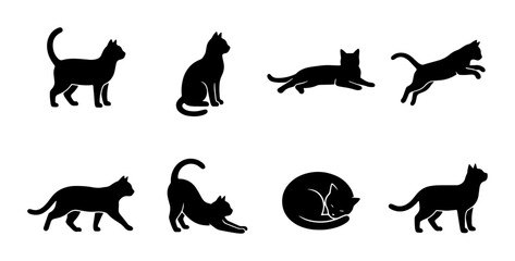 Black cat silhouette collection, set of 8 feline vector icons in various poses, minimalist domestic cat shapes for logo design and pet branding © Tania