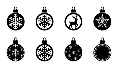 Christmas ball ornament silhouette icons, set of 8 black vector baubles with snowflake and reindeer designs, winter holiday decorative elements © Tania