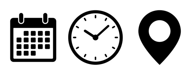 Minimalist event planning icons set, black calendar clock and location pin symbols, schedule and time management vector elements for web design © Enamul