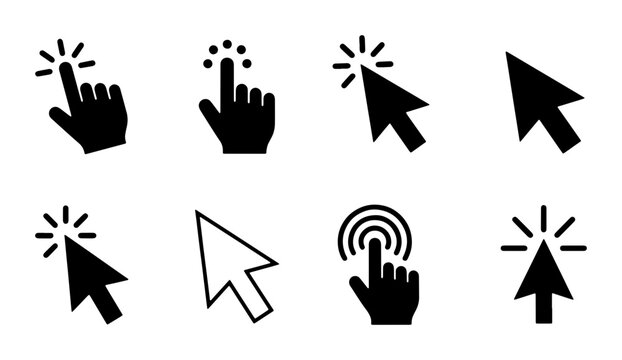 Minimalist computer cursor icon set, black mouse pointer and hand click symbols, 8 vector arrow and finger touch elements for web interface design