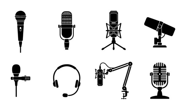 Professional microphone silhouette icons, recording studio equipment set, podcasting and broadcasting gear collection, 8 vector audio symbols