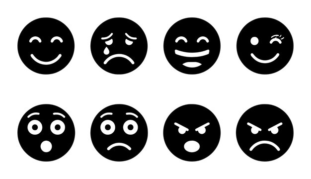 Minimalist black emoji icon set, 8 flat vector emoticons showing various facial expressions, solid circle character faces for UI design and feedback