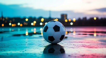 Soccer ball resting on wet ground with blurred city lights and colorful twilight sky in the background, after dark