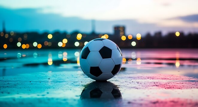 Soccer ball resting on wet ground with blurred city lights and colorful twilight sky in the background, after dark