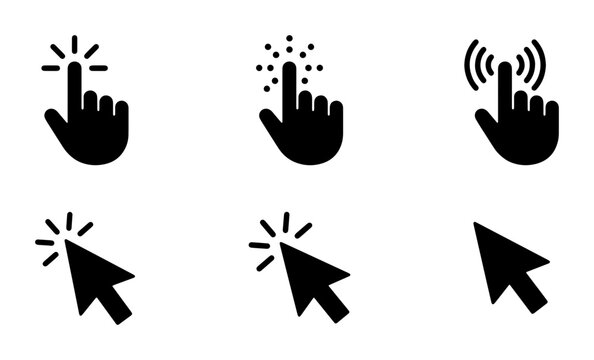 Minimalist computer mouse cursor icons, black hand pointer and arrow clicker set, 6 digital navigation vector elements for web interface design