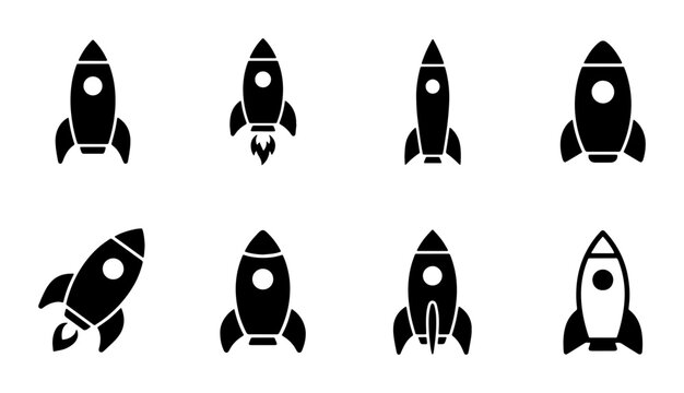 Minimalist rocket ship icon set, black space shuttle vector silhouettes, 8 startup launch symbols for business growth and technology projects