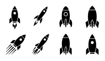 Rocket ship icon set, 8 black silhouette spacecraft vector elements, minimalist rocket launch symbols for business startup and technology projects © Tania