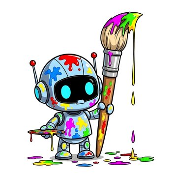 Creative robot covered in paint splashes holding a large paintbrush.