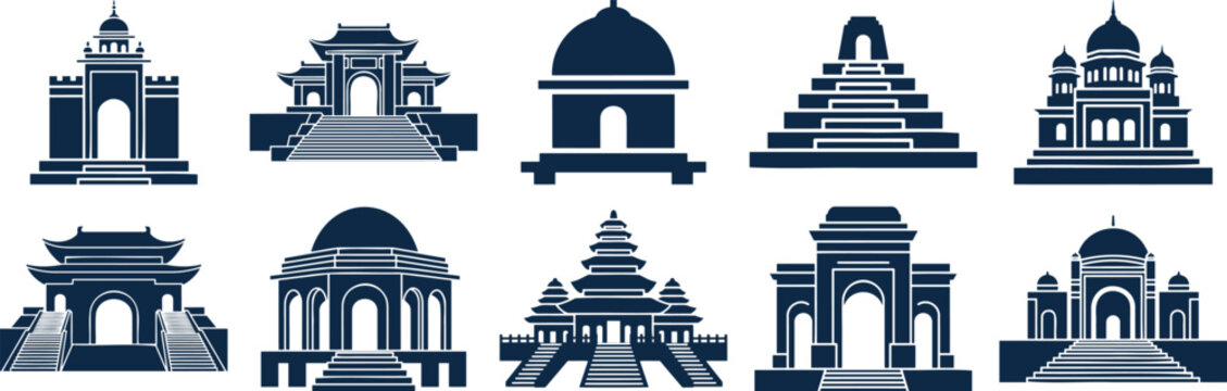 Collection of various traditional asian architectural silhouettes including temples and shrines. silhouette vector illustration