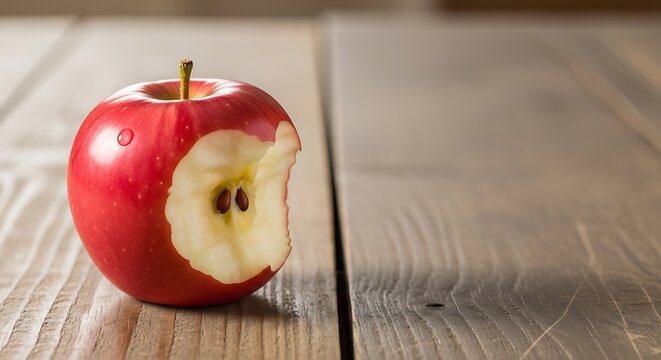 Fresh red apple with bite on rustic wooden table, natural food photography