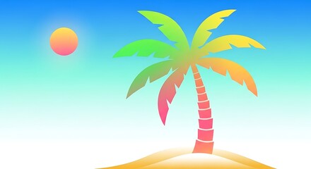 Obraz premium Vibrant Palm Tree on Sandy Beach Under Gradient Sun - Tropical Summer Vacation