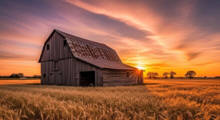 Obraz premium Rustic barn at sunset dramatic sky over agricultural field