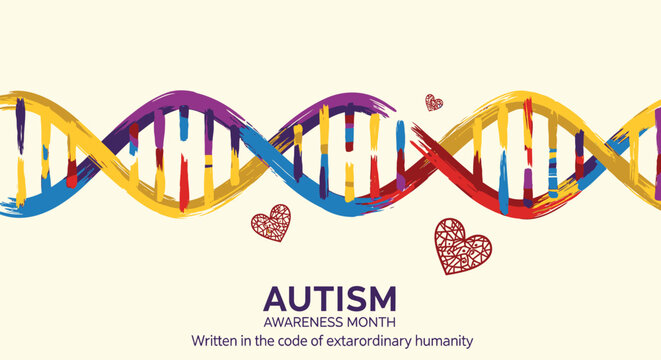 Autism Awareness Month, colorful DNA, genetic code, human diversity, illustration