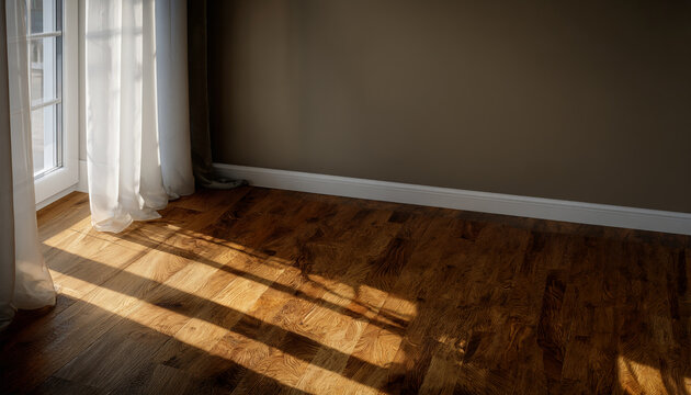 Golden sunlight shining through window onto dark wooden floor, aesthetic morning shadow on parquet. Oak wooden floor