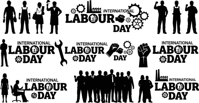 International Labour Day celebration graphics and silhouettes of workers and labourers in various professions