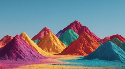 Naklejka premium A vibrant landscape of colorful powders under a clear sky, forming a unique mountain range. This visual spectacle showcases a diverse palette of bright hues.