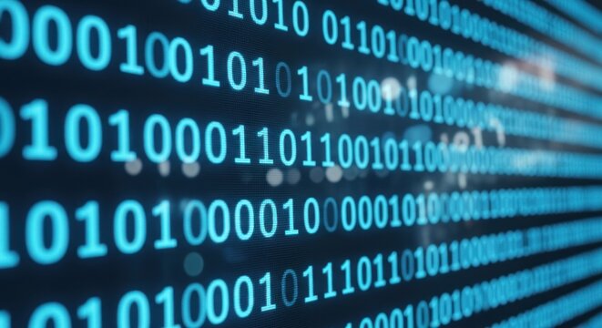Glowing blue binary code digits displayed on a dark digital screen background