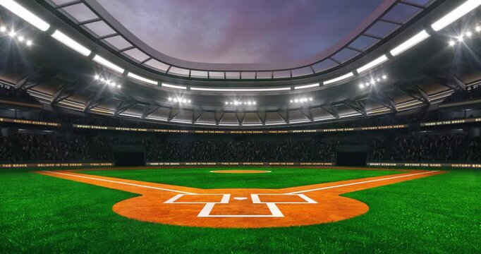 Baseball field at a sports stadium with shining spotlights and fans ready for the upcoming grand sporting event.