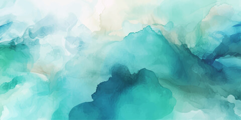 Watercolor Abstract depiction of swirling watercolor paints, simulating ethereal clouds in shades of blue and green, conveying a sense of artistic creativity. for print, wall art, branding © Fazal