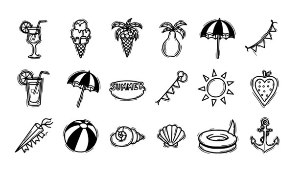 Summer party doodle collection vector with cocktail ice cream sun and beach elements