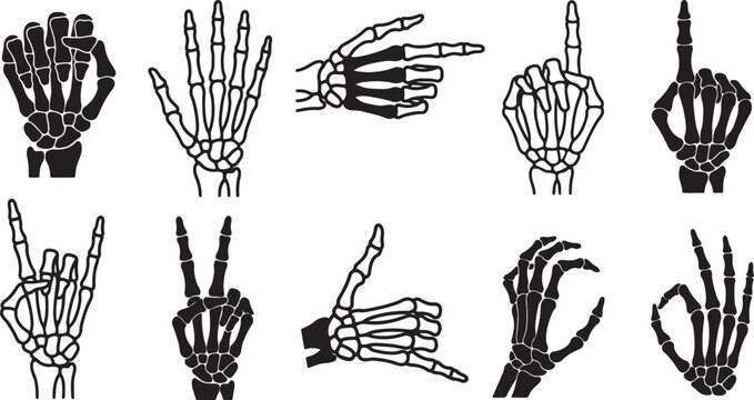 Collection of black and white skeleton hand gestures on a neutral background, also transparent background