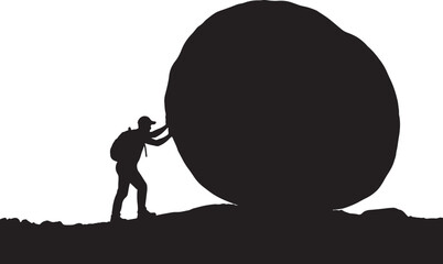 Silhouette of a person pushing a large black boulder uphill also transparent background, large boulder © mHs