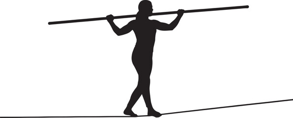 Silhouette of a person balancing on a tightrope while holding a long pole also transparent background © mHs