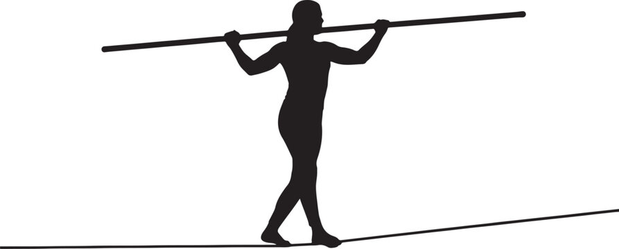 Silhouette of a person balancing on a tightrope while holding a long pole also transparent background