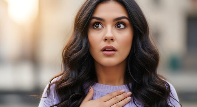 Shocked young woman's face showing surprise and disbelief, close-up portrait with hand on chest
