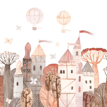 Watercolor city landscape. Cute watercolor house in nature. Wall art. City in forest.
