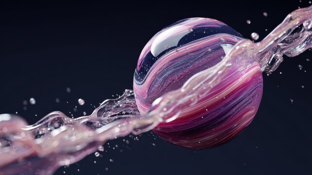 premium Abstract 3D illustration of a swirling marbled pink sphere with liquid splash and droplets on a dark background background