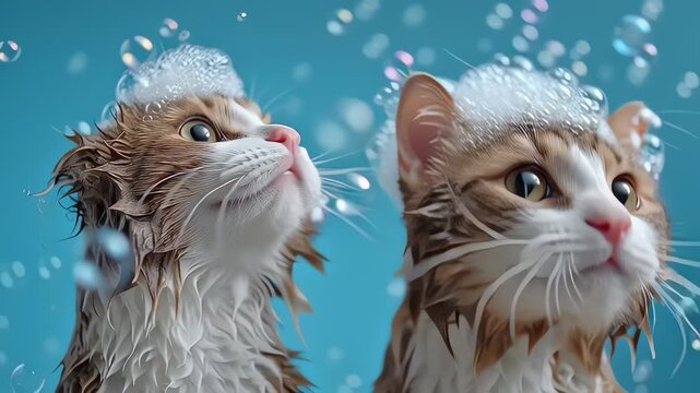 Two Adorable Wet Cats Taking a Bubble Bath