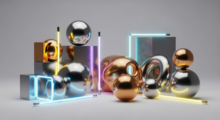 Fototapeta premium Assorted metal spheres and cubes with neon lights on a white background in a studio setting ai generated