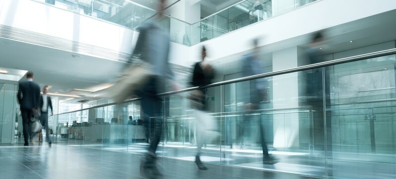 The businesspeople blur walking through a modern glass office atrium on a busy workday